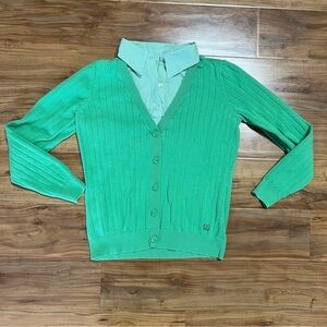 IZOD Faux Layer Collared Sweater Womens Small Green Striped‎ Vintage Y2K